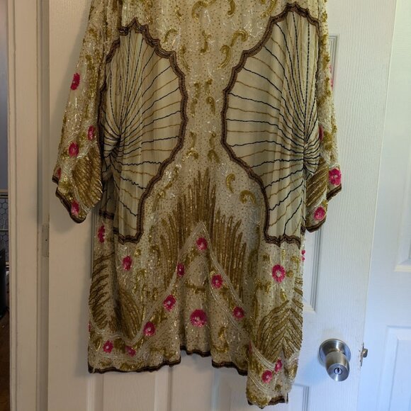 1920s Flapper Style Birjand Gunit Gold Beaded Jacket Duster Silk Art Deco - Picture 4 of 9